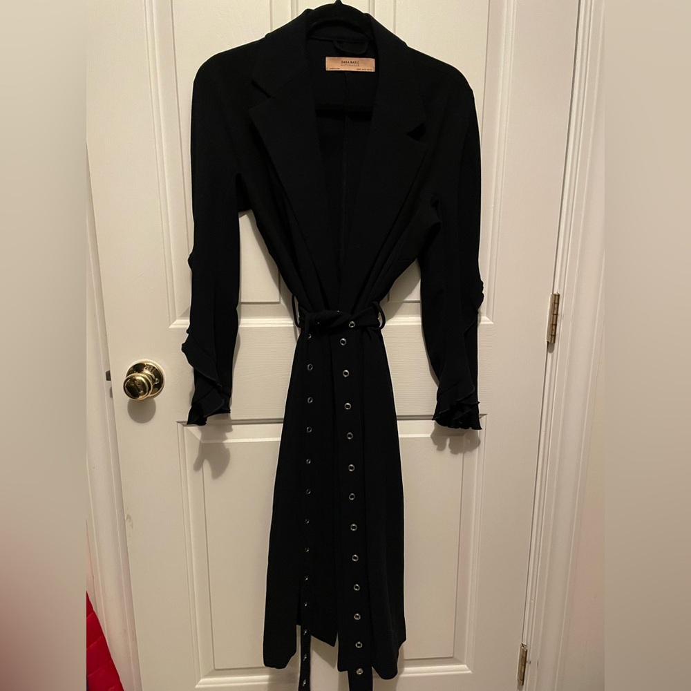 Zara navy blue tench/duster coat with ruffle sleeves and belt in size M